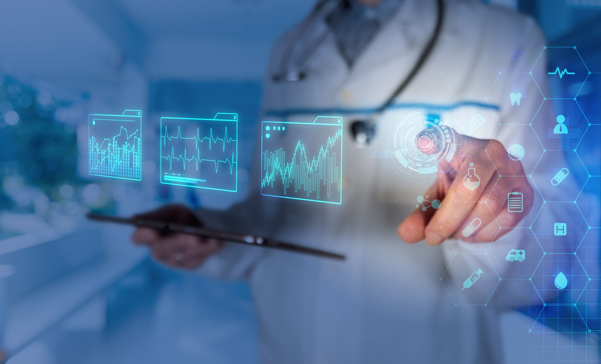 Doctor interacting with digital health records in a modern medical facility during a consultation