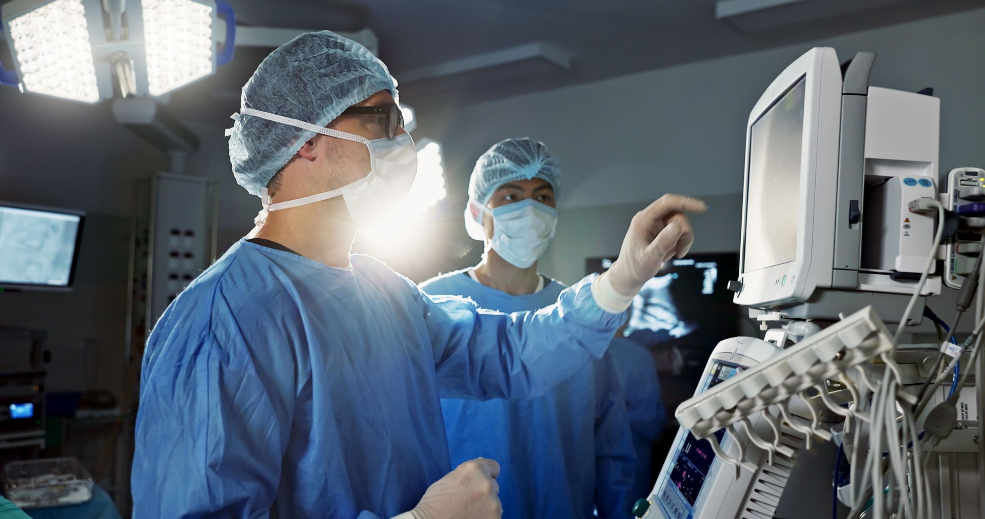 Hospital, doctor and patient monitor for surgery, operating room and setting machine. Operation, medical or diagnosis for high blood pressure, vital signs and data change in anesthesia, type or check